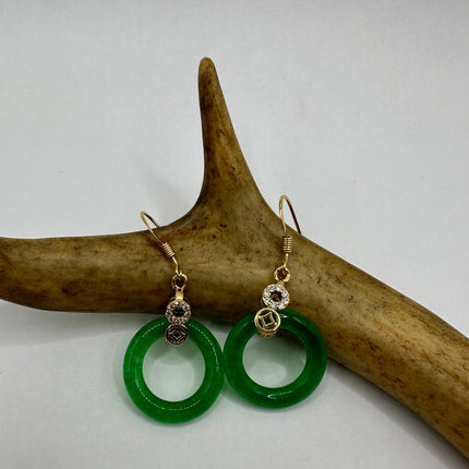 Vintage Gold Green Jade Dangle Hoops Lucky Earrings