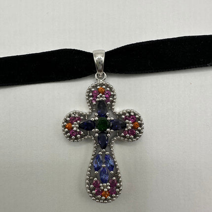 Vintage Watermelon Tourmaline Blue Sapphire Crystal Cross Pendant Ribbon Choker Necklace | 925 Sterling Silver Necklace