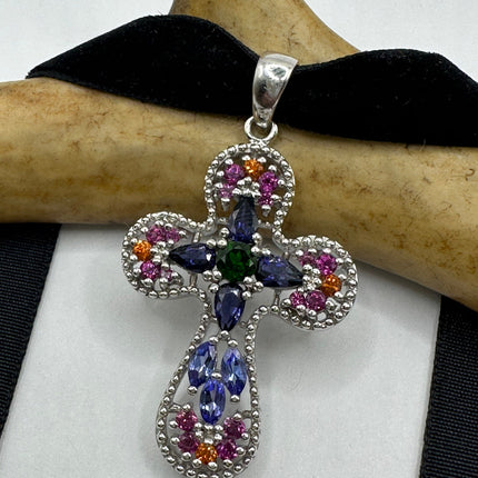 Vintage Watermelon Tourmaline Blue Sapphire Crystal Cross Pendant Ribbon Choker Necklace | 925 Sterling Silver Necklace