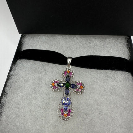 Vintage Watermelon Tourmaline Blue Sapphire Crystal Cross Pendant Ribbon Choker Necklace | 925 Sterling Silver Necklace