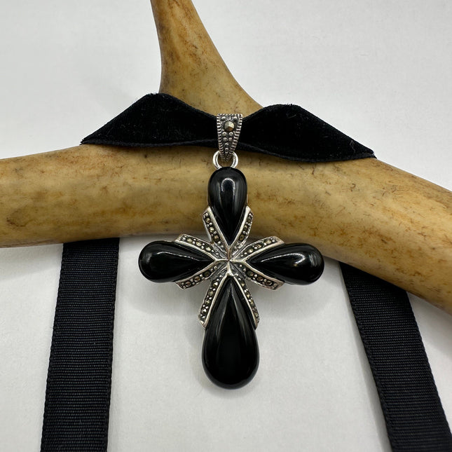 Vintage Black Onyx and Marcasite Cross Pendant Ribbon Choker Necklace | 925 Sterling Silver Necklace