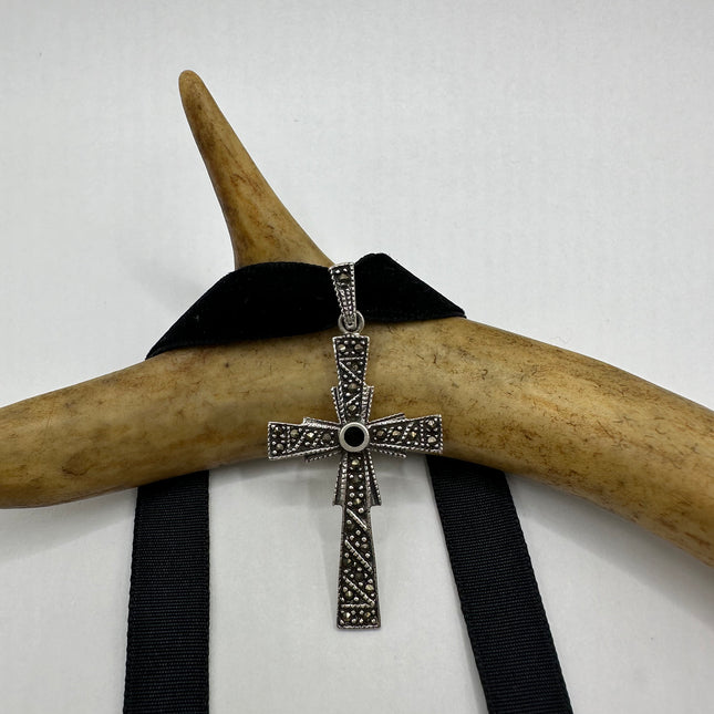 Vintage Black Onyx and Marcasite Cross Pendant Ribbon Choker Necklace | 925 Sterling Silver Necklace