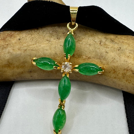 Vintage Green Jade Cross Choker Necklace - Golden Bronze