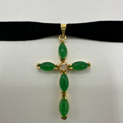 Vintage Green Jade Cross Choker Necklace - Golden Bronze