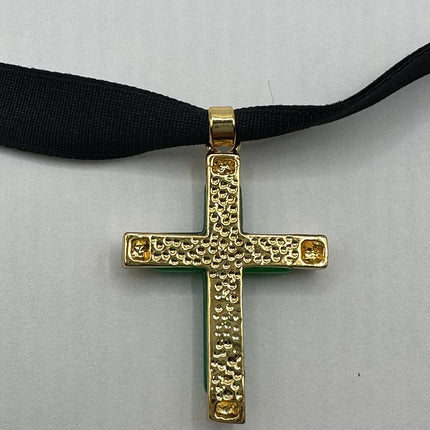 Vintage Green Jade Cross Choker Necklace - Golden Bronze