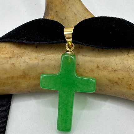 Vintage Green Jade Cross Choker Necklace - Golden Bronze
