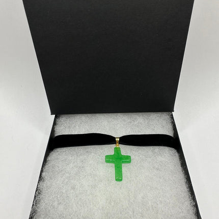 Vintage Green Jade Cross Choker Necklace - Golden Bronze