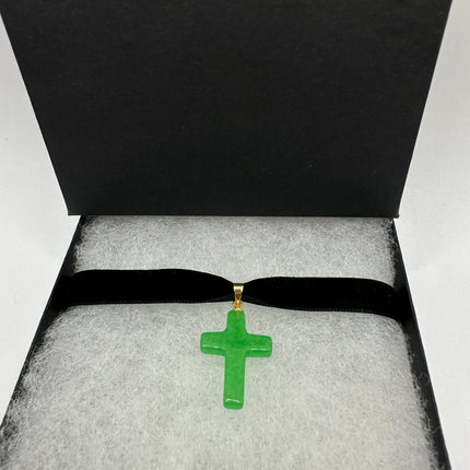 Vintage Green Jade Cross Choker Necklace - Golden Bronze