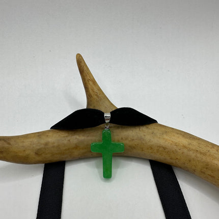 Vintage Green Jade Cross Choker Necklace - Silver Bronze