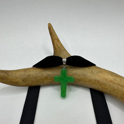 Vintage Green Jade Cross Choker Necklace - Silver Bronze