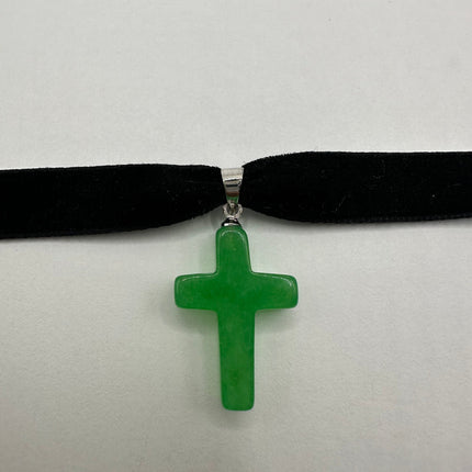 Vintage Green Jade Cross Choker Necklace - Silver Bronze