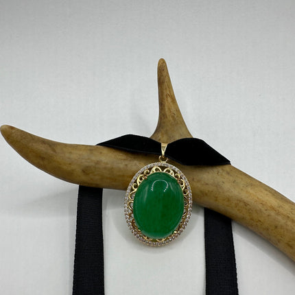 Vintage Green Jade Deco Choker Necklace - Golden Bronze