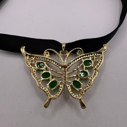 Vintage Green Jade Deco Butterfly Choker Necklace - Golden Bronze