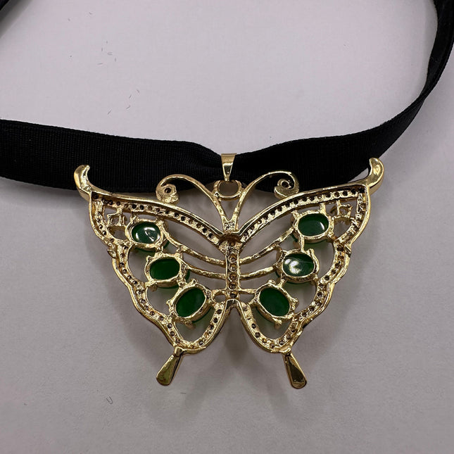 Vintage Green Jade Deco Butterfly Choker Necklace - Golden Bronze