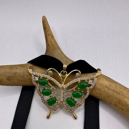 Vintage Green Jade Deco Butterfly Choker Necklace - Golden Bronze
