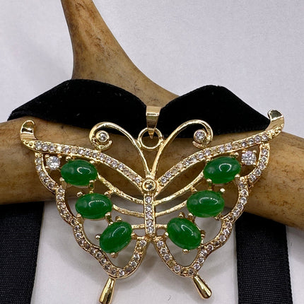 Vintage Green Jade Deco Butterfly Choker Necklace - Golden Bronze