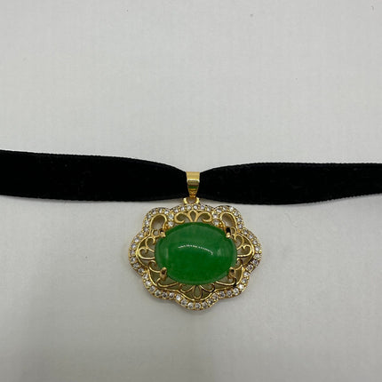 Vintage Green Jade Deco Choker Necklace - Golden Bronze