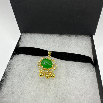Vintage Gemstone Pendant | Green Jade Gemstone Deco Charm Pendant | Golden Bronze Velvet Choker Necklace