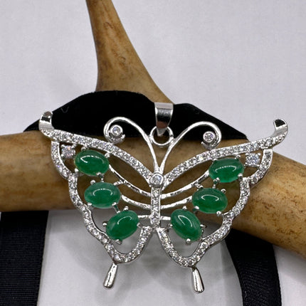 Vintage Green Jade Deco Butterfly Choker Necklace - Silver Bronze