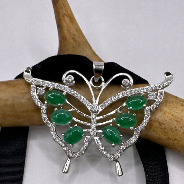 Vintage Green Jade Deco Butterfly Choker Necklace - Silver Bronze
