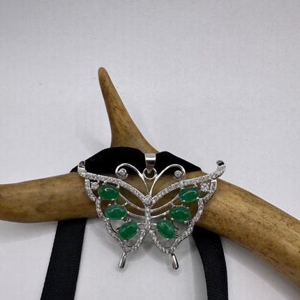 Vintage Green Jade Deco Butterfly Choker Necklace - Silver Bronze