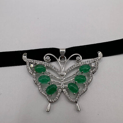 Vintage Green Jade Deco Butterfly Choker Necklace - Silver Bronze