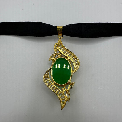 Vintage Green Jade Deco Choker Necklace - Golden Bronze