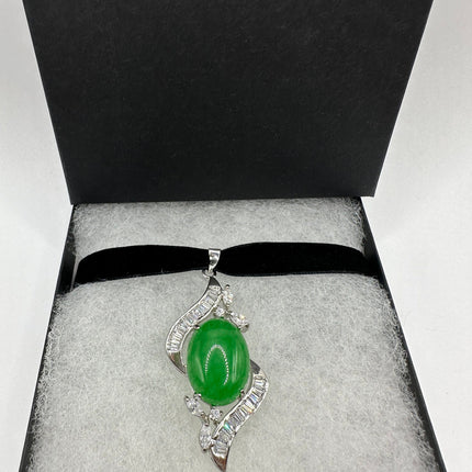 Vintage Green Jade Deco Choker Necklace - Silver Bronze