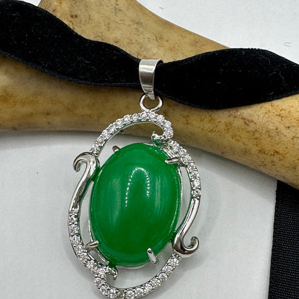 Vintage Green Jade Deco Choker Necklace - Silver Bronze