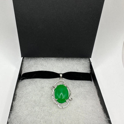 Vintage Green Jade Deco Choker Necklace - Silver Bronze