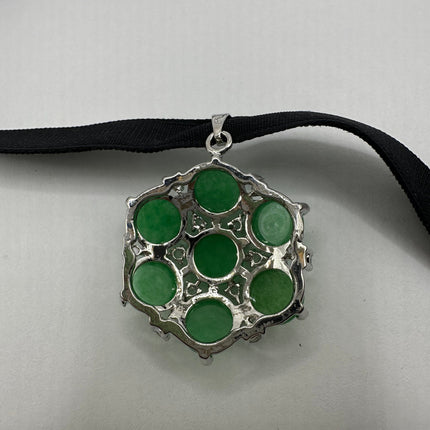 Vintage Green Jade Deco Choker Necklace - Silver Bronze