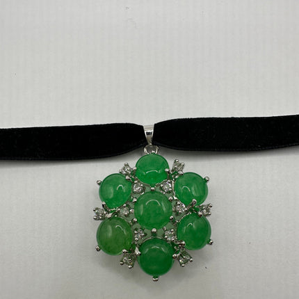 Vintage Green Jade Deco Choker Necklace - Silver Bronze