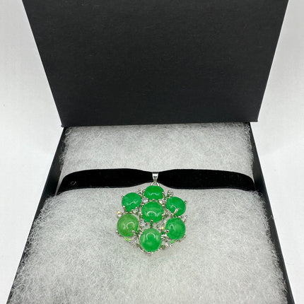Vintage Green Jade Deco Choker Necklace - Silver Bronze