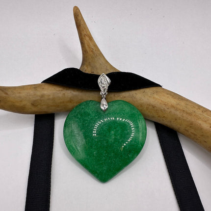 Vintage Green Jade Deco Choker Necklace - Silver Bronze