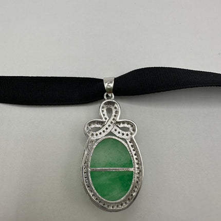 Vintage Green Jade Deco Choker Necklace - Silver Bronze
