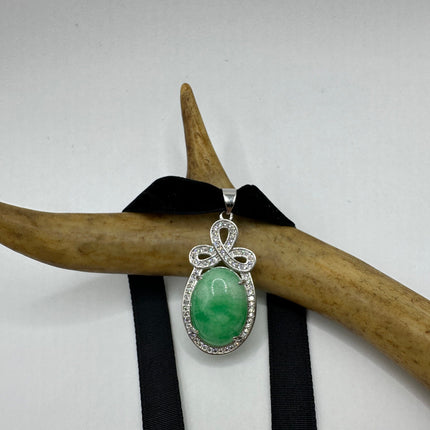 Vintage Green Jade Deco Choker Necklace - Silver Bronze