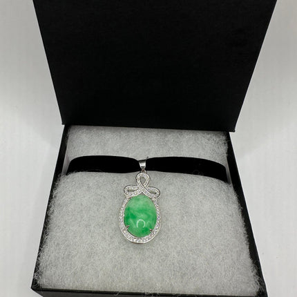 Vintage Green Jade Deco Choker Necklace - Silver Bronze