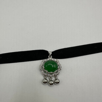 Vintage Green Jade Deco Choker Necklace - Silver Bronze