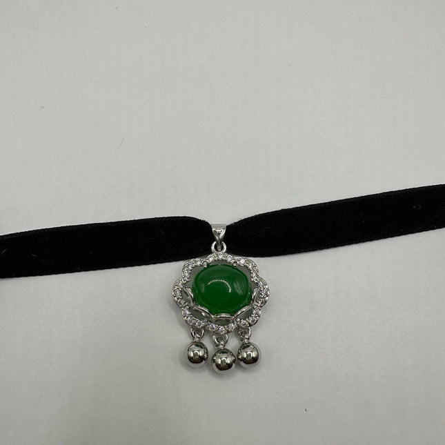 Vintage Green Jade Deco Choker Necklace - Silver Bronze