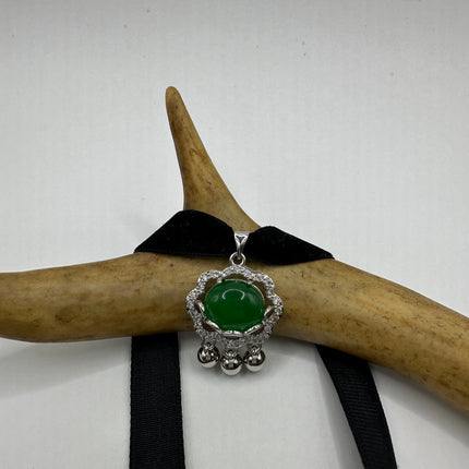 Vintage Green Jade Deco Choker Necklace - Silver Bronze