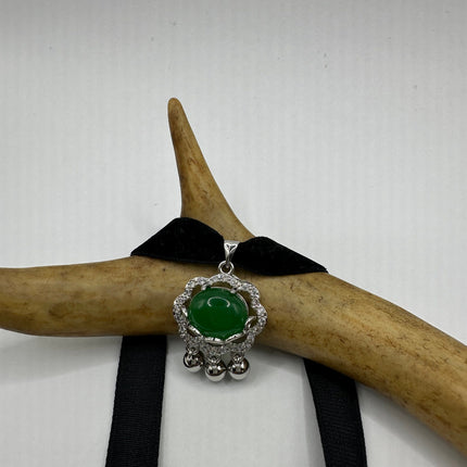Vintage Green Jade Deco Choker Necklace - Silver Bronze