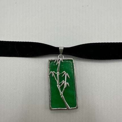 Vintage Green Jade Deco Choker Necklace - Silver Bronze