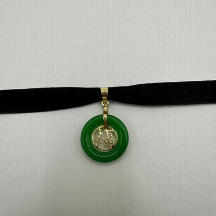 Vintage Green Jade Deco Choker Necklace - Golden Bronze