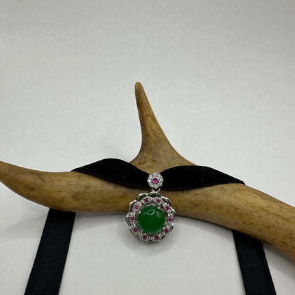 Vintage Green Jade Deco Choker Necklace - Silver Bronze