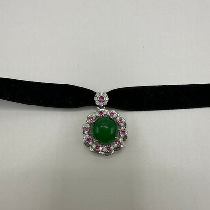 Vintage Green Jade Deco Choker Necklace - Silver Bronze