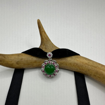 Vintage Green Jade Deco Choker Necklace - Silver Bronze