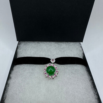Vintage Green Jade Deco Choker Necklace - Silver Bronze