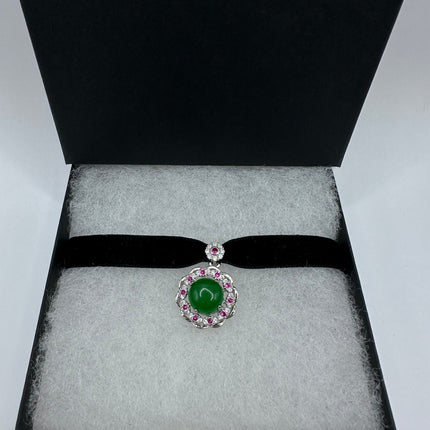 Vintage Green Jade Deco Choker Necklace - Silver Bronze