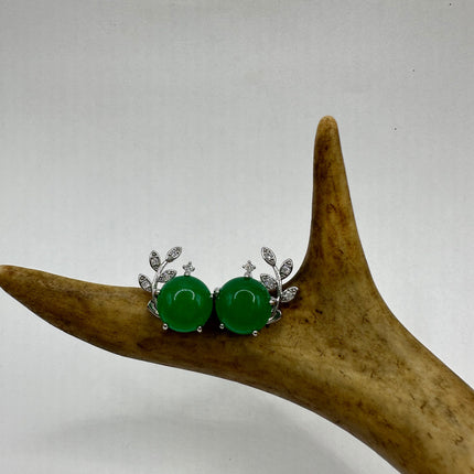 Vintage Silver Green Jade Lucky Stud Earrings