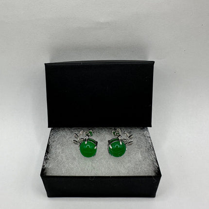 Vintage Silver Green Jade Lucky Stud Earrings